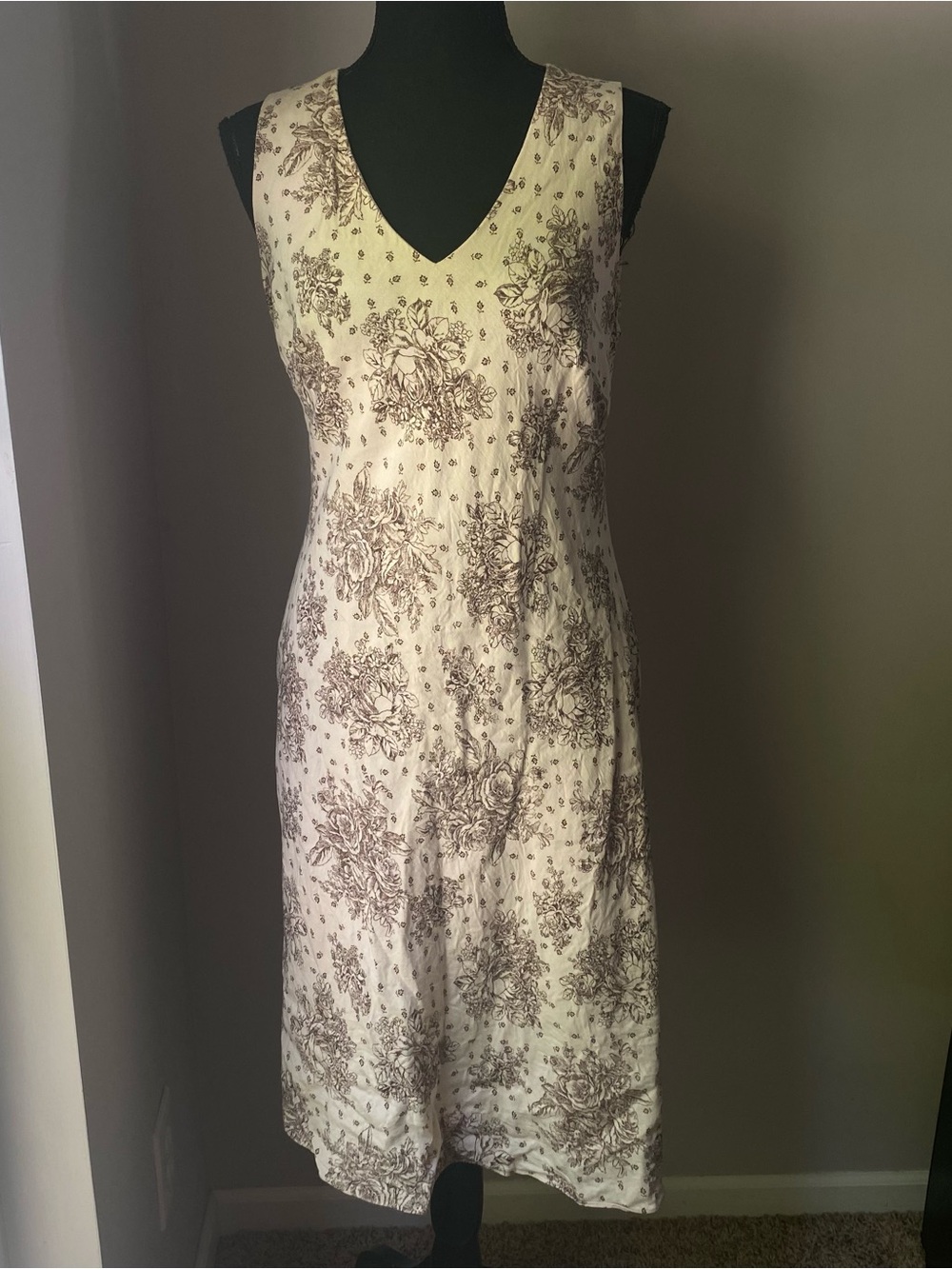 Papell Boutique Size 10 linen cream brown floral midi sleeveless dress